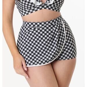 Unique Vintage Black & White Gingham High Waist Skort Bikini Bottom M NWOT